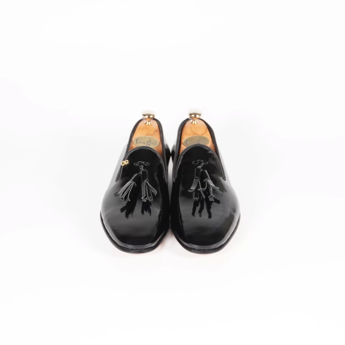 İsme Özel Rugan Püsküllü Kösele Erkek Ayakkabı - %100 Hakiki Deri - Gümüş Konseptli - AA01015 - Siyah