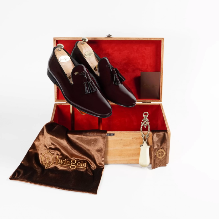 İsme Özel Rugan Püsküllü Kösele Erkek Ayakkabı - %100 Hakiki Deri - Gümüş Konseptli - AA01015 - Bordo