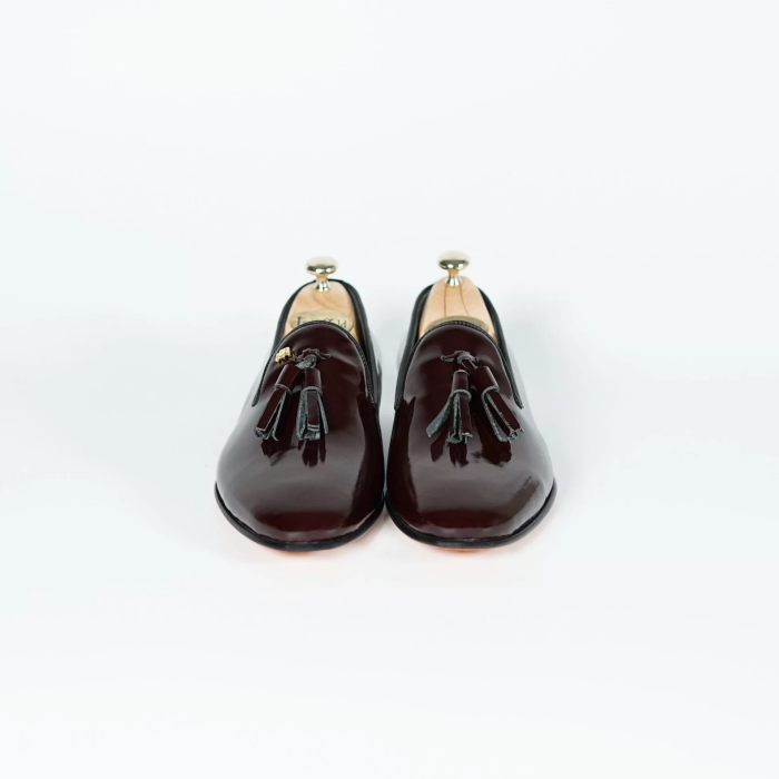 İsme Özel Rugan Püsküllü Kösele Erkek Ayakkabı - %100 Hakiki Deri - Gümüş Konseptli - AA01015 - Bordo