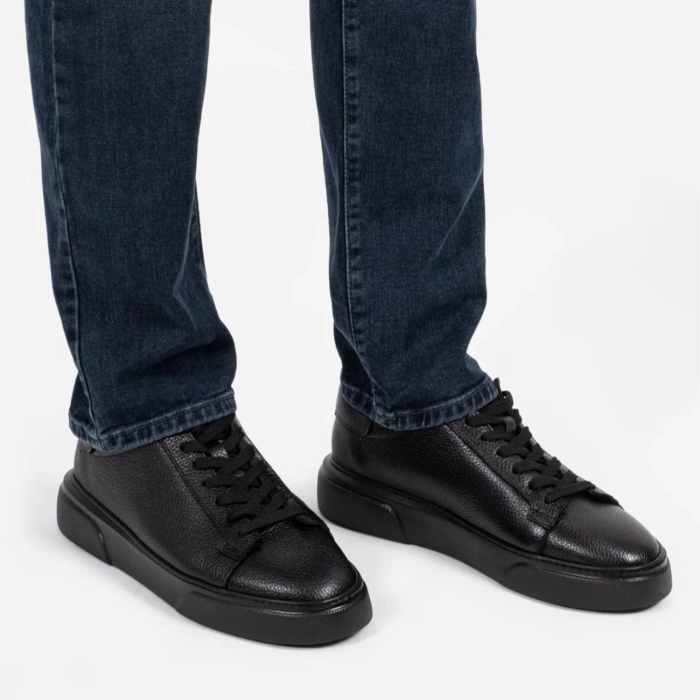 Kişiselleştirilebilir Kalın Ortopedik Tabanlı %100 Deri Sneaker Spor Ayakkabı - Siyah