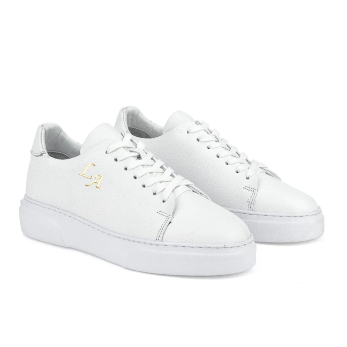 Kalın Ortopedik Tabanlı %100 Deri Sneaker Spor Ayakkabı - Beyaz