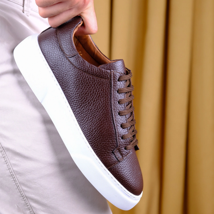 Kişiselleştirilebilir Kalın Ortopedik Tabanlı %100 Deri Sneaker Spor Ayakkabı - Kahverengi