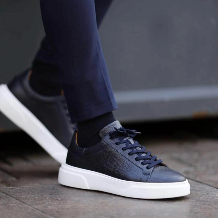 Kişiselleştirilebilir Kalın Ortopedik Tabanlı %100 Deri Sneaker Spor Ayakkabı - Lacivert