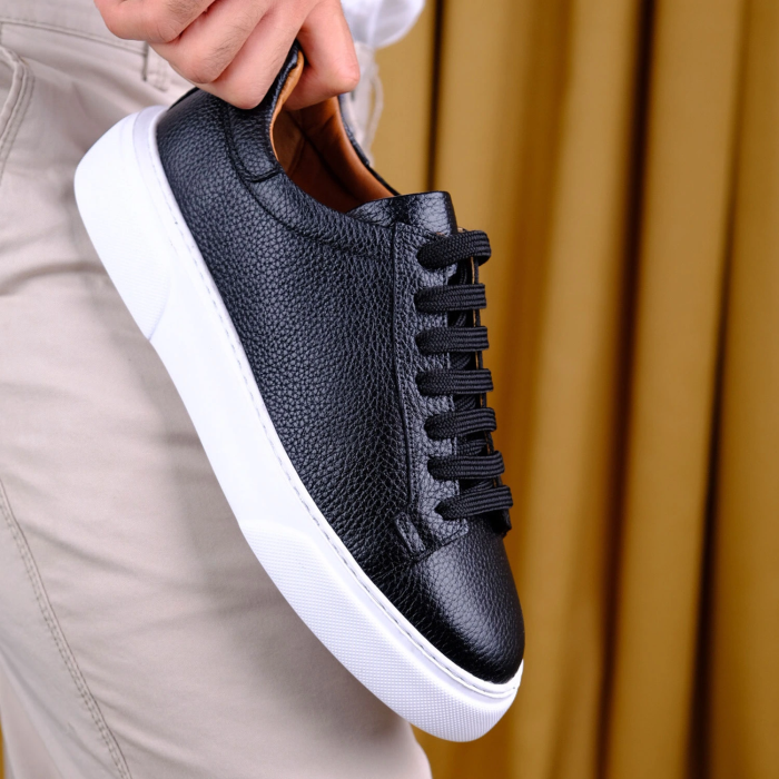 Kişiselleştirilebilir Kalın Ortopedik Tabanlı %100 Deri Sneaker Spor Ayakkabı - Siyah - Beyaz