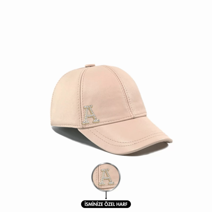 İsme Özel Kep Şapka - %100 Deri - AB01012 - Pudra