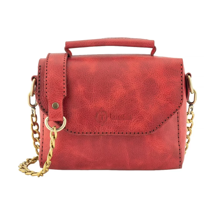 İsme Özel Çıtçıtlı Zincirli Küçük Boy El Omuz Çantası - %100 Deri - AC03001 - Kırmızı