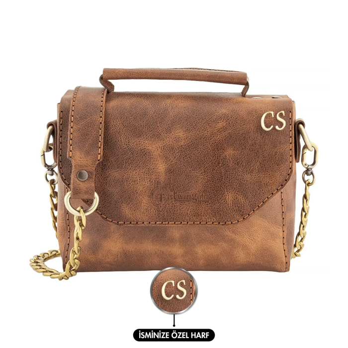 İsme Özel Çıtçıtlı Zincirli Küçük Boy El Omuz Çantası - %100 Deri - AC03001 - Kahverengi