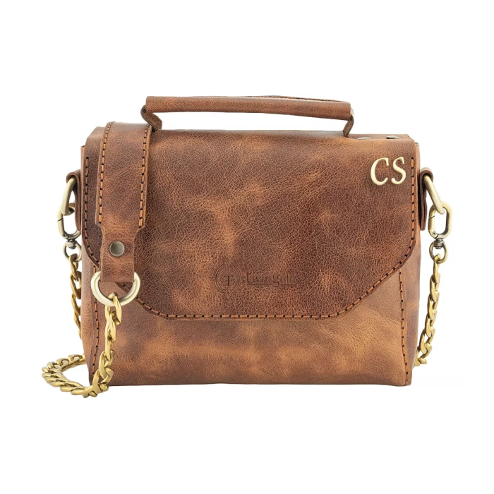 İsme Özel Çıtçıtlı Zincirli Küçük Boy El Omuz Çantası - %100 Deri - AC03001 - Kahverengi