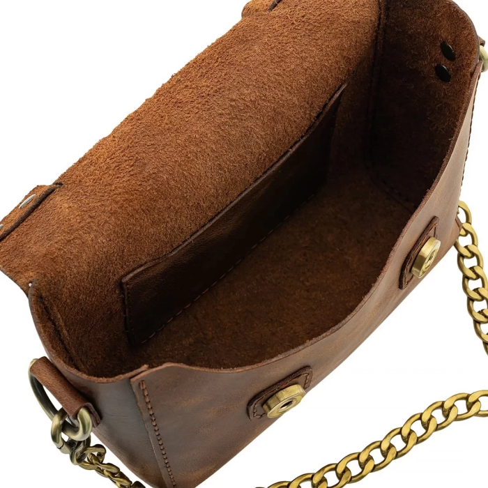 İsme Özel Çıtçıtlı Zincirli Küçük Boy El Omuz Çantası - %100 Deri - AC03001 - Kahverengi