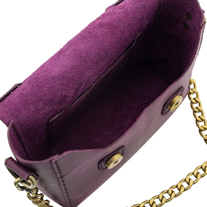 İsme Özel Çıtçıtlı Zincirli Küçük Boy El Omuz Çantası - %100 Deri - AC03001 - Mor