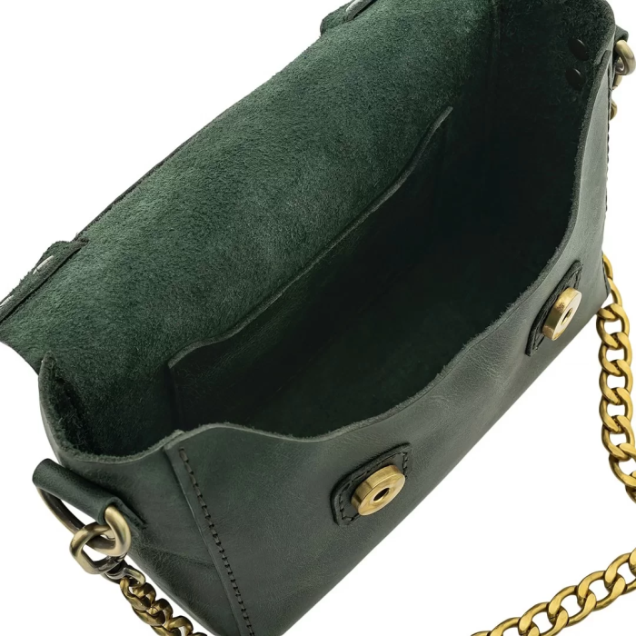 İsme Özel Çıtçıtlı Zincirli Küçük Boy El Omuz Çantası - %100 Deri - AC03001 - Haki