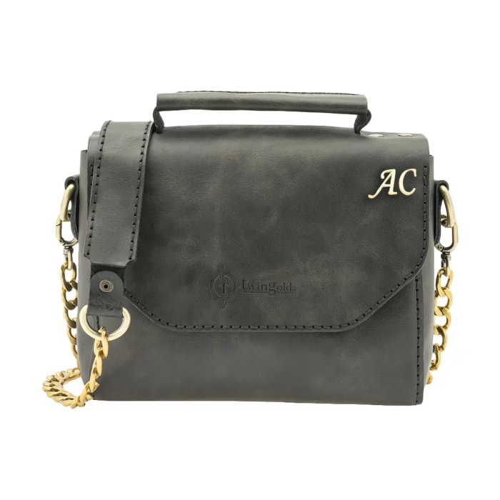 İsme Özel Çıtçıtlı Zincirli Küçük Boy El Omuz Çantası - %100 Deri - AC03001 - Antrasit