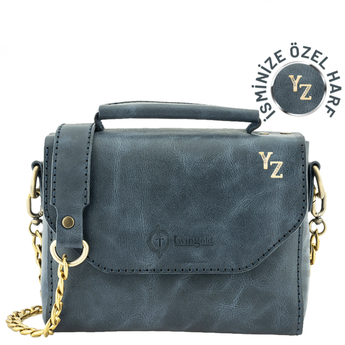 İsme Özel Çıtçıtlı Zincirli Küçük Boy El Omuz Çantası - %100 Deri - AC03001 - Lacivert