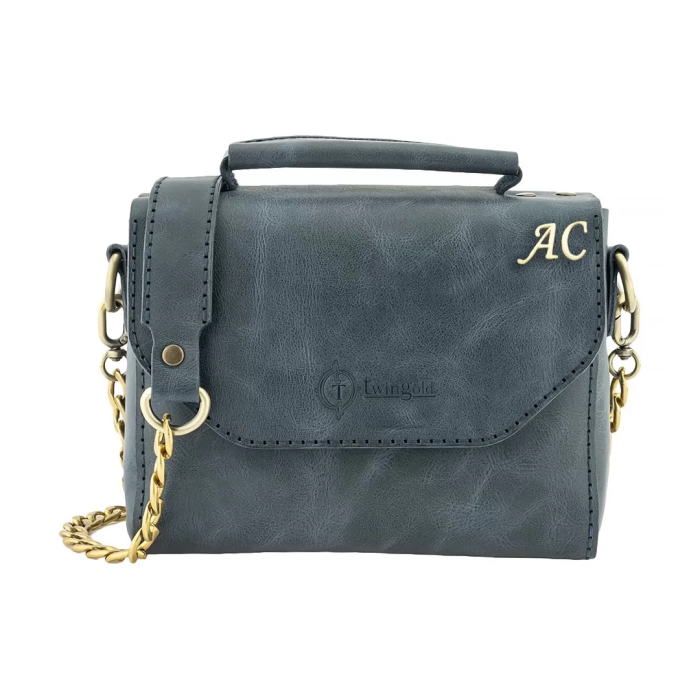 İsme Özel Çıtçıtlı Zincirli Küçük Boy El Omuz Çantası - %100 Deri - AC03001 - Lacivert