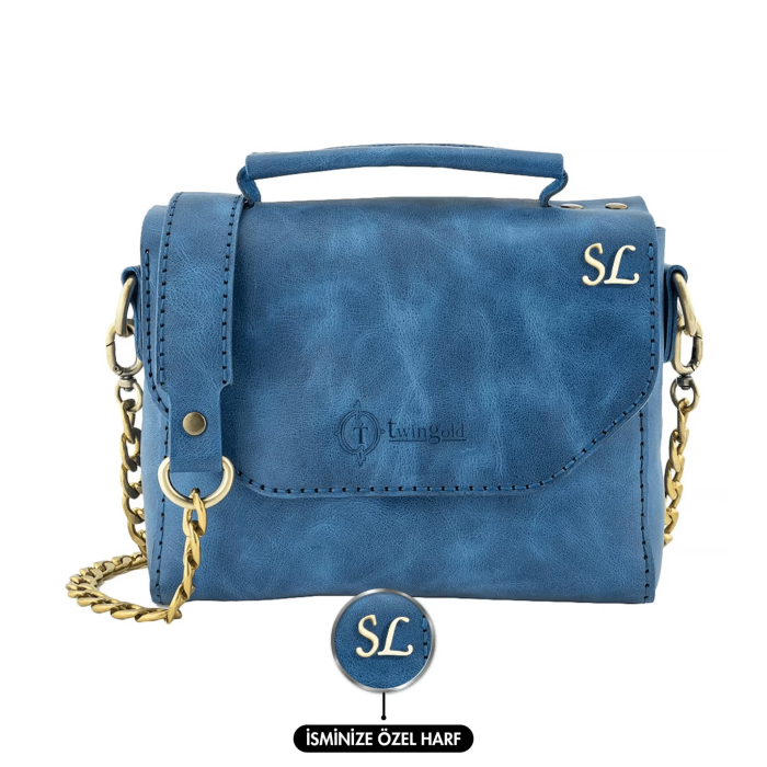 İsme Özel Çıtçıtlı Zincirli Küçük Boy El Omuz Çantası - %100 Deri - AC03001 - Saks Mavisi