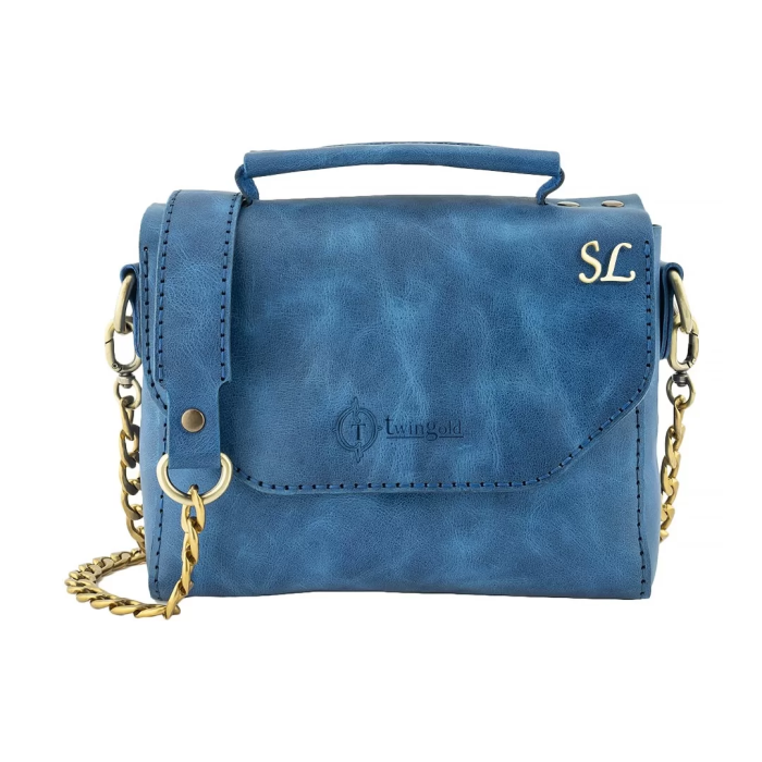 İsme Özel Çıtçıtlı Zincirli Küçük Boy El Omuz Çantası - %100 Deri - AC03001 - Saks Mavisi