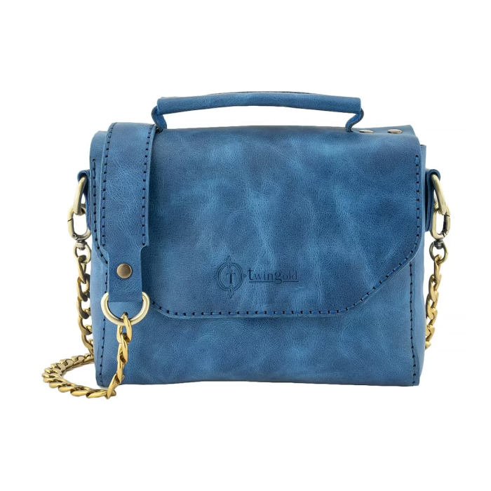 İsme Özel Çıtçıtlı Zincirli Küçük Boy El Omuz Çantası - %100 Deri - AC03001 - Saks Mavisi