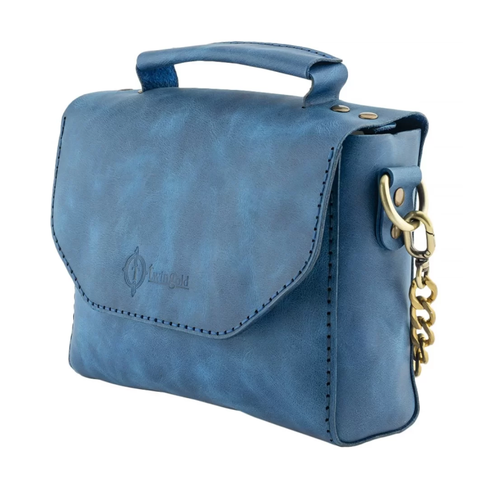 İsme Özel Çıtçıtlı Zincirli Küçük Boy El Omuz Çantası - %100 Deri - AC03001 - Saks Mavisi