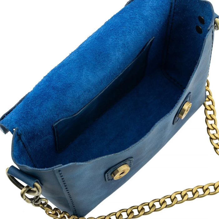 İsme Özel Çıtçıtlı Zincirli Küçük Boy El Omuz Çantası - %100 Deri - AC03001 - Saks Mavisi