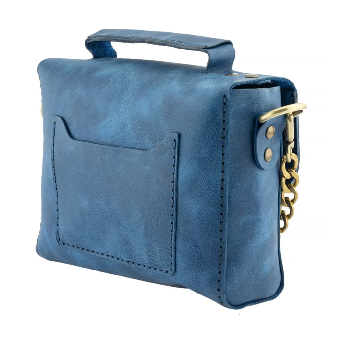 İsme Özel Çıtçıtlı Zincirli Küçük Boy El Omuz Çantası - %100 Deri - AC03001 - Saks Mavisi