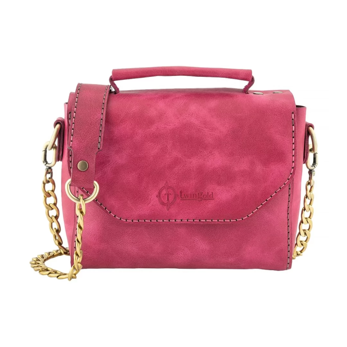 İsme Özel Çıtçıtlı Zincirli Küçük Boy El Omuz Çantası - %100 Deri - AC03001 - Fuşya