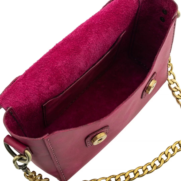 İsme Özel Çıtçıtlı Zincirli Küçük Boy El Omuz Çantası - %100 Deri - AC03001 - Fuşya