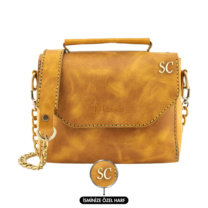 İsme Özel Çıtçıtlı Zincirli Küçük Boy El Omuz Çantası - %100 Deri - AC03001 - Hardal Sarısı