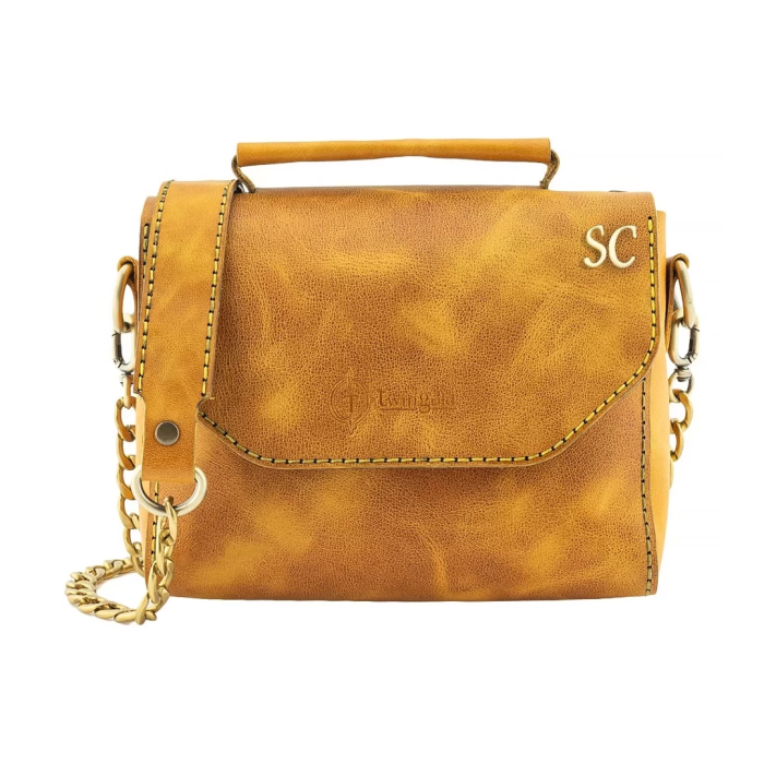 İsme Özel Çıtçıtlı Zincirli Küçük Boy El Omuz Çantası - %100 Deri - AC03001 - Hardal Sarısı