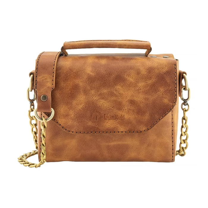 İsme Özel Çıtçıtlı Zincirli Küçük Boy El Omuz Çantası - %100 Deri - AC03001 - Camel