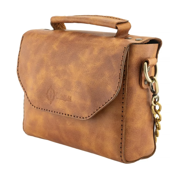 İsme Özel Çıtçıtlı Zincirli Küçük Boy El Omuz Çantası - %100 Deri - AC03001 - Camel
