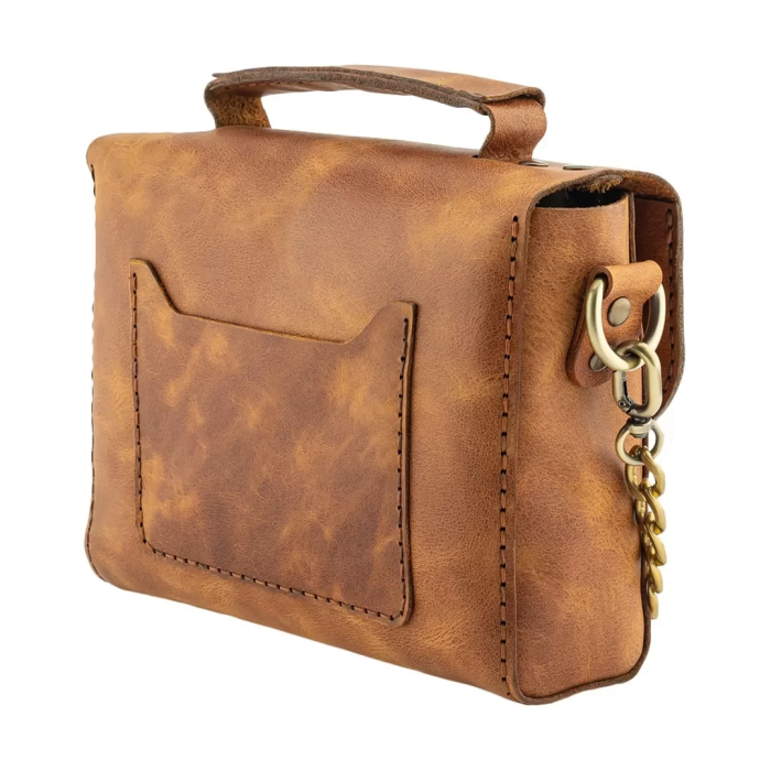 İsme Özel Çıtçıtlı Zincirli Küçük Boy El Omuz Çantası - %100 Deri - AC03001 - Camel