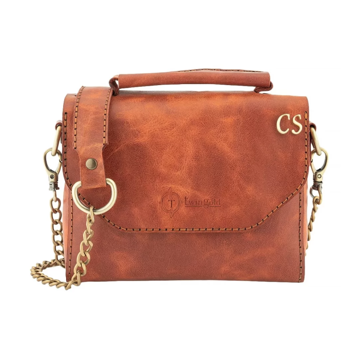 İsme Özel Çıtçıtlı Zincirli Küçük Boy El Omuz Çantası - %100 Deri - AC03001 - Tobacco