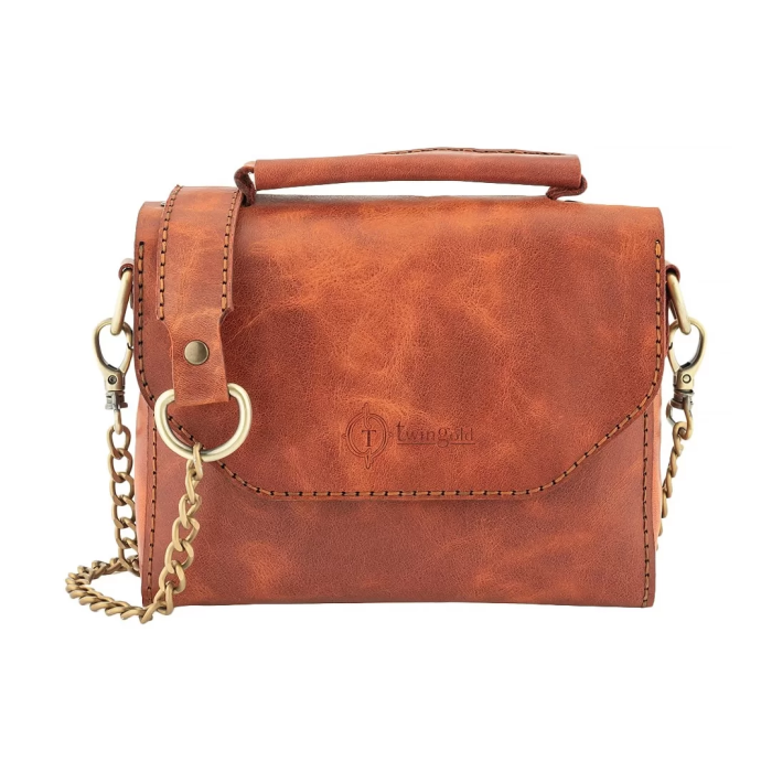 İsme Özel Çıtçıtlı Zincirli Küçük Boy El Omuz Çantası - %100 Deri - AC03001 - Tobacco