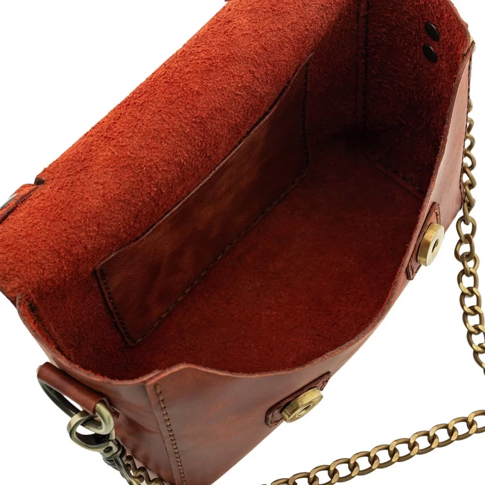 İsme Özel Çıtçıtlı Zincirli Küçük Boy El Omuz Çantası - %100 Deri - AC03001 - Tobacco