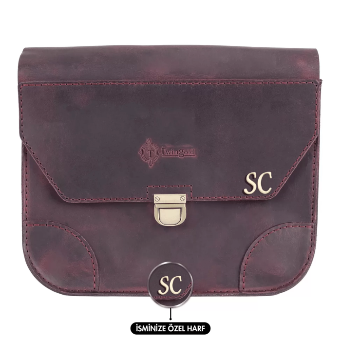 İsme Özel Günlük Orta Boy Omuz Çantası - %100 Crazy Deri - AC03002 - Bordo