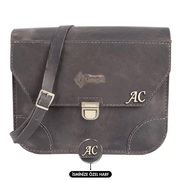 İsme Özel Günlük Orta Boy Omuz Çantası - %100 Crazy Deri - AC03002 - Antrasit