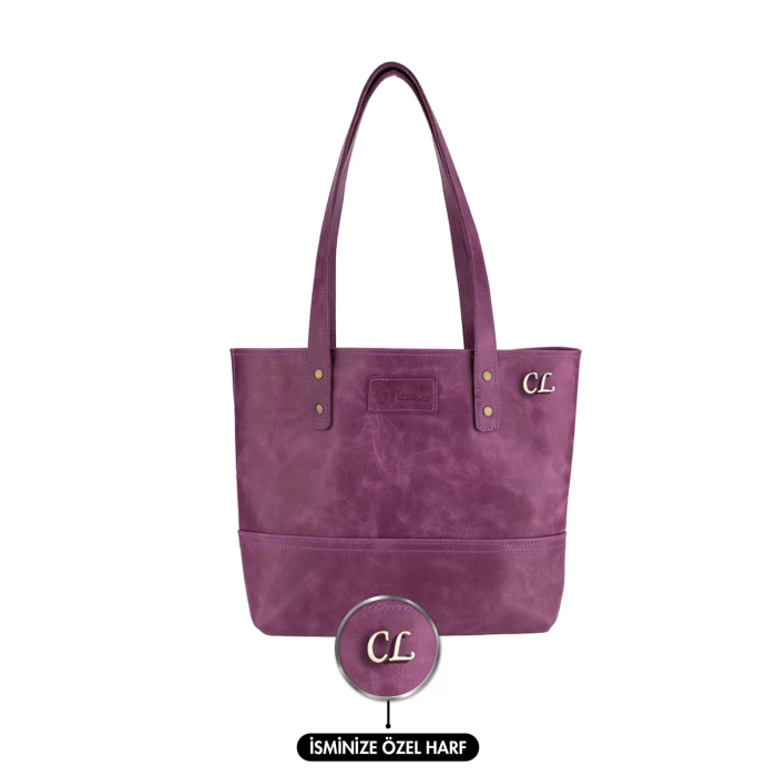 İsme Özel Tote Bag El Omuz Çantası - %100 Rainbow Deri - AC03003 - Mor