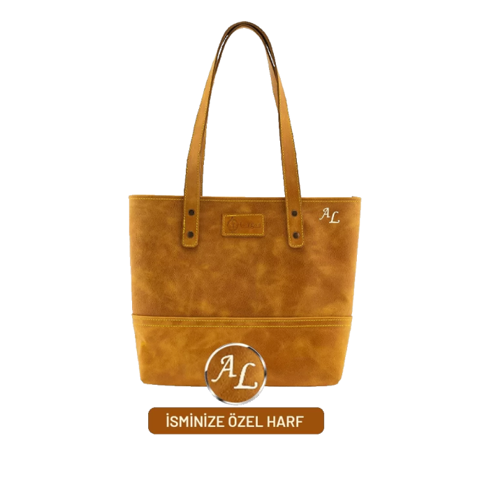 İsme Özel Tote Bag El Omuz Çantası - %100 Rainbow Deri - AC03003 - Hardal Sarısı