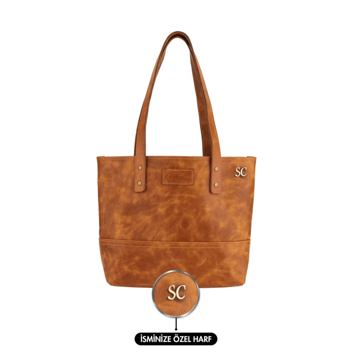 İsme Özel Tote Bag El Omuz Çantası - %100 Rainbow Deri - AC03003 - Camel