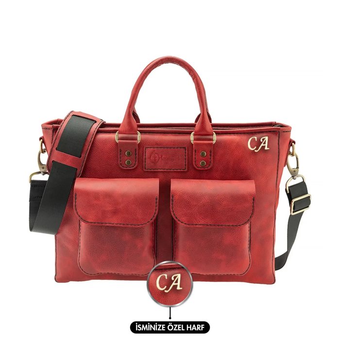 İsme Özel Askılı Cepli Evrak - Laptop Çantası - %100 Rainbow Deri - AC09002 - Kırmızı