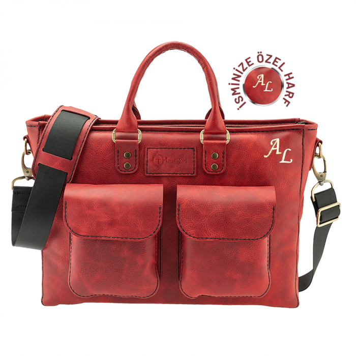 İsme Özel Askılı Cepli Evrak - Laptop Çantası - %100 Rainbow Deri - AC09002 - Kırmızı