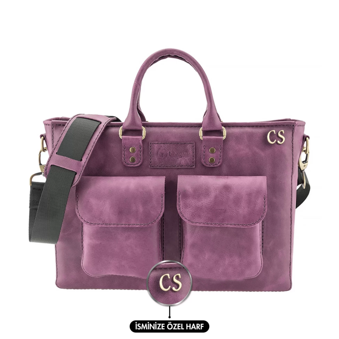 İsme Özel Askılı Cepli Evrak - Laptop Çantası - %100 Rainbow Deri - AC09002 - Mor