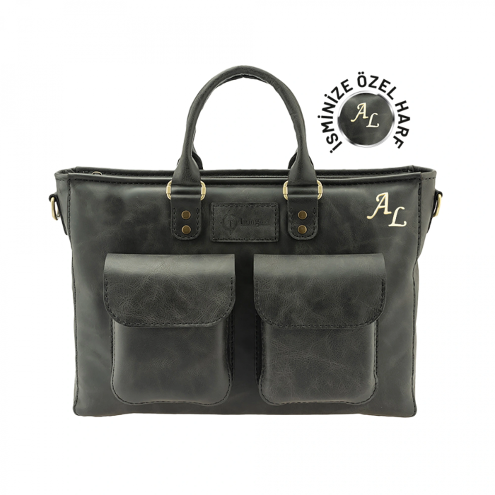 İsme Özel Askılı Cepli Evrak - Laptop Çantası - %100 Rainbow Deri - AC09002 - Antrasit