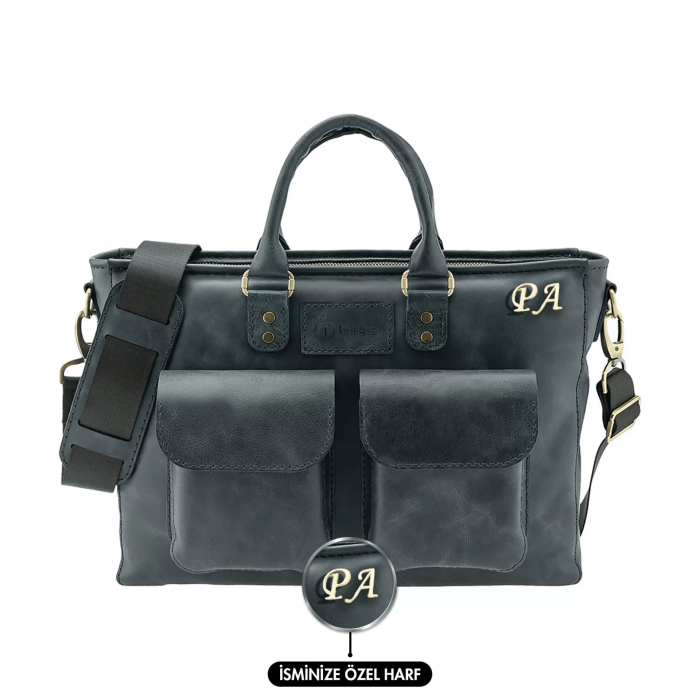 İsme Özel Askılı Cepli Evrak - Laptop Çantası - %100 Rainbow Deri - AC09002 - Lacivert