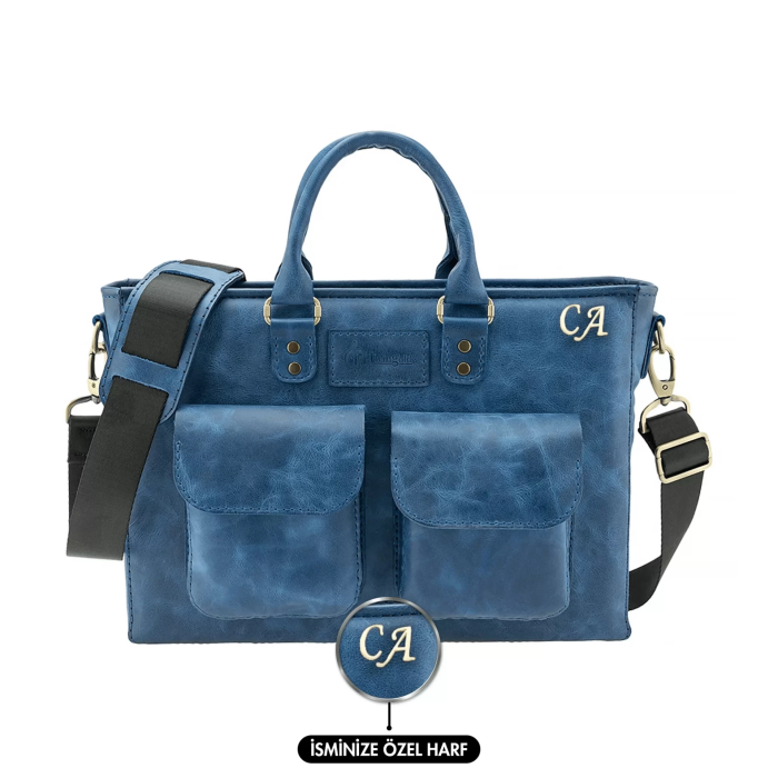 İsme Özel Askılı Cepli Evrak - Laptop Çantası - %100 Rainbow Deri - AC09002 - Saks Mavisi