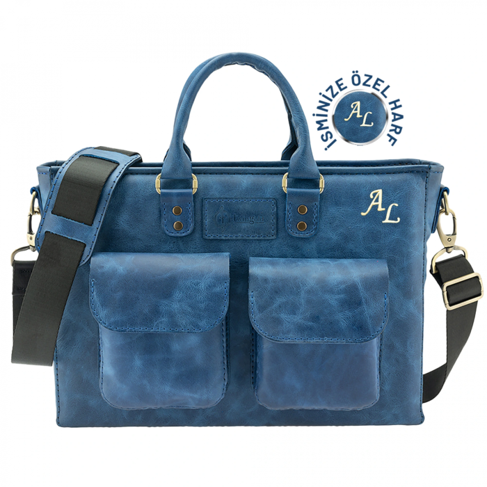 İsme Özel Askılı Cepli Evrak - Laptop Çantası - %100 Rainbow Deri - AC09002 - Saks Mavisi