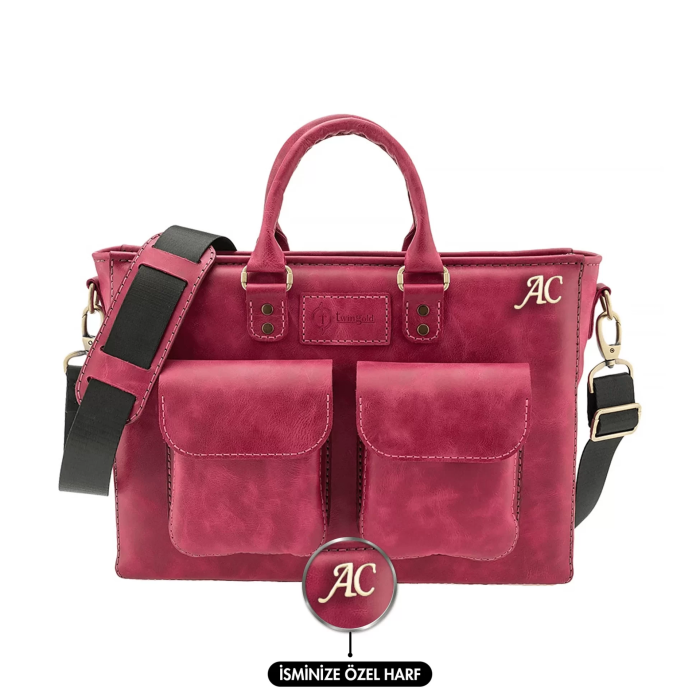 İsme Özel Askılı Cepli Evrak - Laptop Çantası - %100 Rainbow Deri - AC09002 - Fuşya
