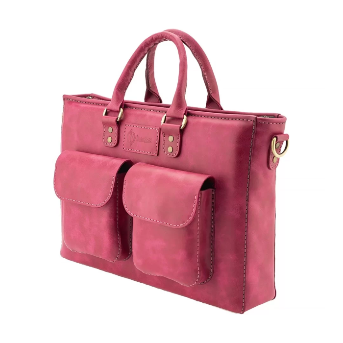 İsme Özel Askılı Cepli Evrak - Laptop Çantası - %100 Rainbow Deri - AC09002 - Fuşya