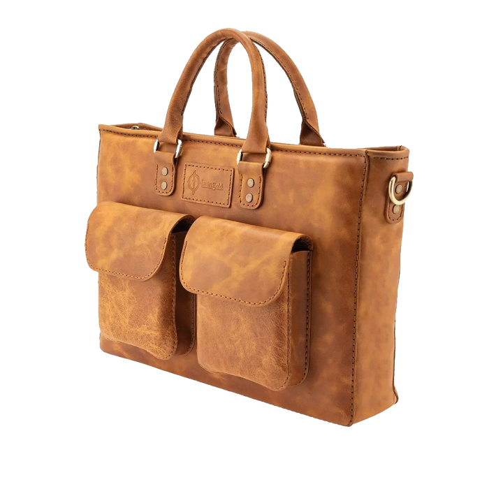 İsme Özel Askılı Cepli Evrak - Laptop Çantası - %100 Rainbow Deri - AC09002 - Camel