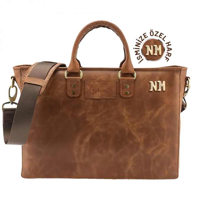 İsme Özel Günlük Kullanım El Omuz Evrak Laptop Çantası - %100 Deri - AC09004 - Kahverengi
